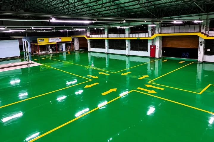 พื้น Epoxy สีเขียวพร้อมเส้นและลูกศรสีเหลือง